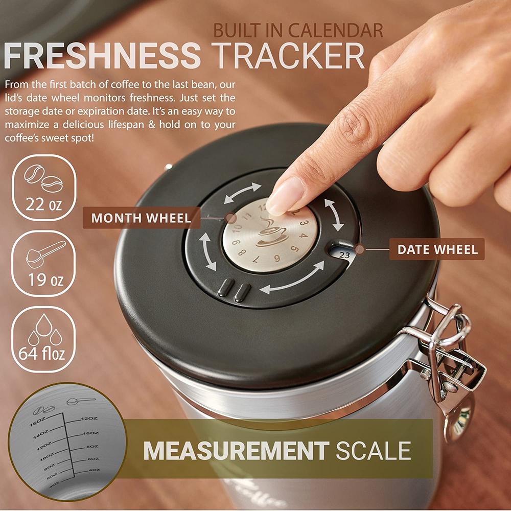 Stainless Steel Airtight Coffee Container Canister Coffee Grounds and Beans Container with Date Tracker, Scoop, CO2 Valve Filters,  Silver