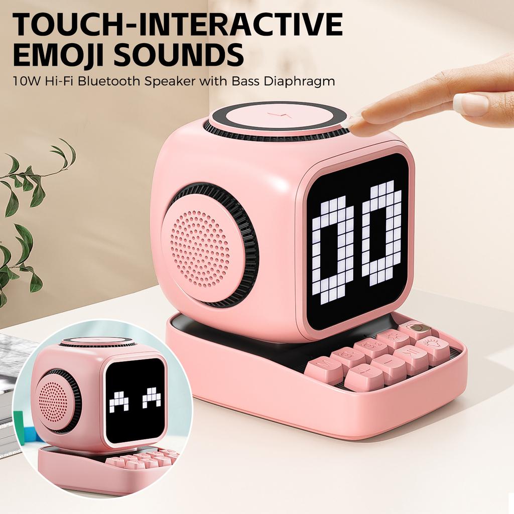 Wireless Charger Stand Retro Pixel Art Bluetooth Portable Speaker Alarm Clock LED Display Board Cute Gift Home Light Decoration