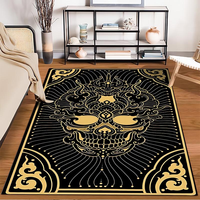Modern Black and Gold Skull Pattern Carpet with Decorative Design Suitable for Use As an Anti-slip for Living Room Bedroom Sofas