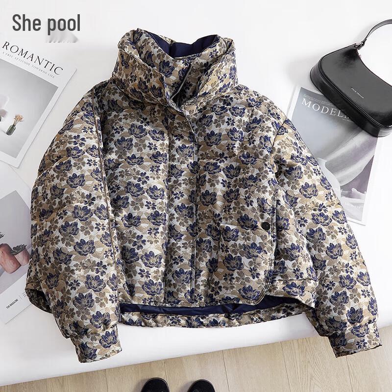 

Женский короткий пуховик Tachi с принтом и воротником-стойкой, 90% пуха M