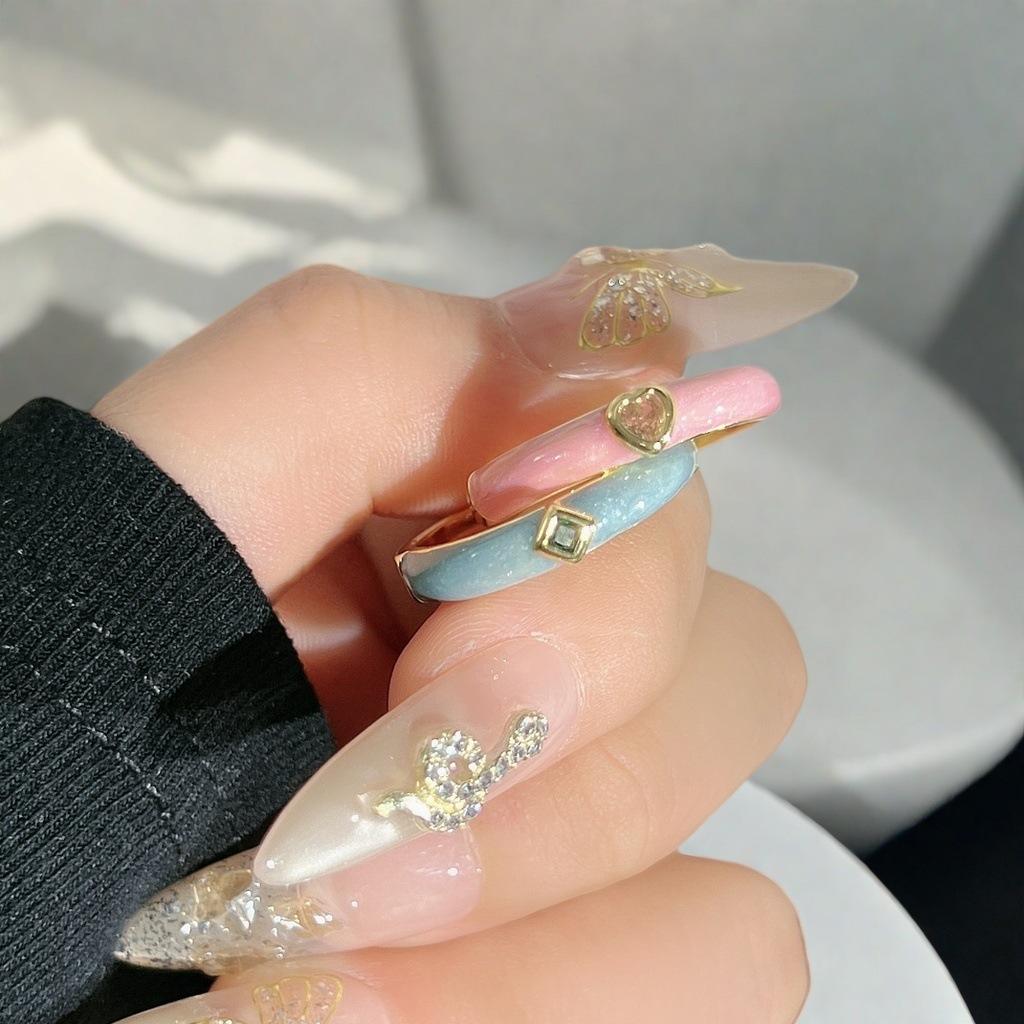Cream Sea Blue Oil Drop Pink Enamel Love Zir*****Pen Ring Niche High-End Temperament Light Luxury Ring Woman