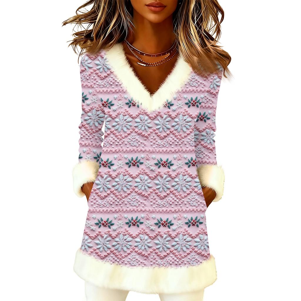 Moda Natalina Feminina Pulôver Pelúcia Decote V Estampado Manga Longa