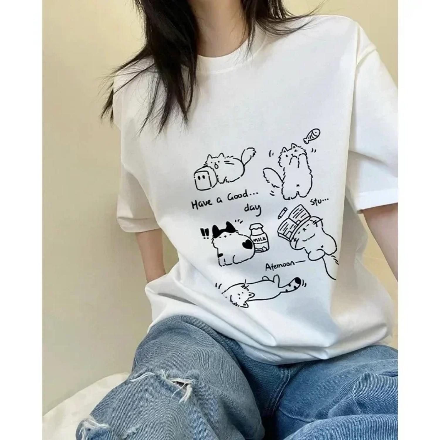 

2025 Anime Cartoon Cat Print Women s Short Sleeved T-shirt New Summer Trend Creative Fashion Design Casual Streetwear Clothing XXXXXL білий