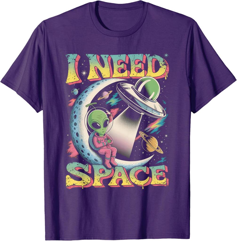 Alien Ich brauche Platz Retro Mond Sitzendes UFO Grafik T-Shirt Baumwolle Lässig Reise T-Shirt