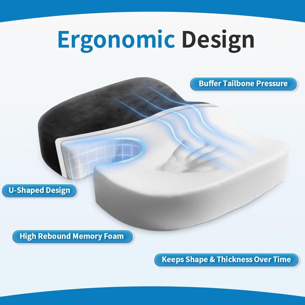 Car Seat Cushion, Memory Foam Cushion Non Slip for Wheelchair, Cars, Desk, Gaming & Office Chairs, Ergonomic Cushions Pad for Tailbone Pain Relief