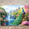 2D Flat Banner - 1 Piece of Rural-style Polyester Background Fabric Featuring a Scene of Peacocks and a Waterfall Wonderland