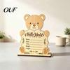 Nursery Shelf Display Sign Wooden Baby Birth Announcement Sign, Cute Bear Hello World Newborn Welcome Statistics Memory Board with Stand, Name Plaques