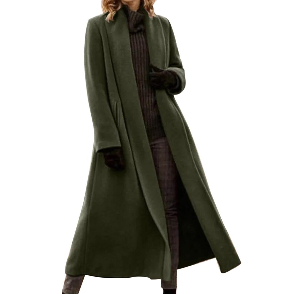 Women Trench Coat Winter Casual Belted Midi With Pockets  Plus Size Extended Woolen Coat