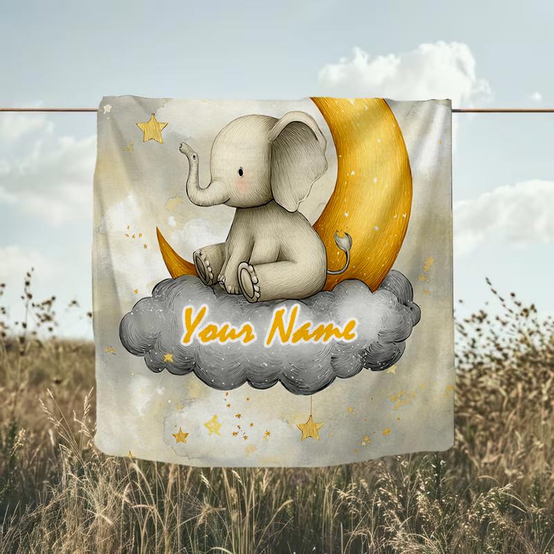 1PC Custom Name Elegant Elephant Moon Night outdooor Flannel blankets Throw Blanket All-Season Throw Gift Bedspread for Couch, Bed, Camping Holiday Bi