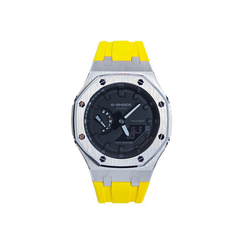 

CASIO Men Liquid Crystal/Analog Dual Display Series Black Watch GA-2100-7A- Silver Case Yellow Strap