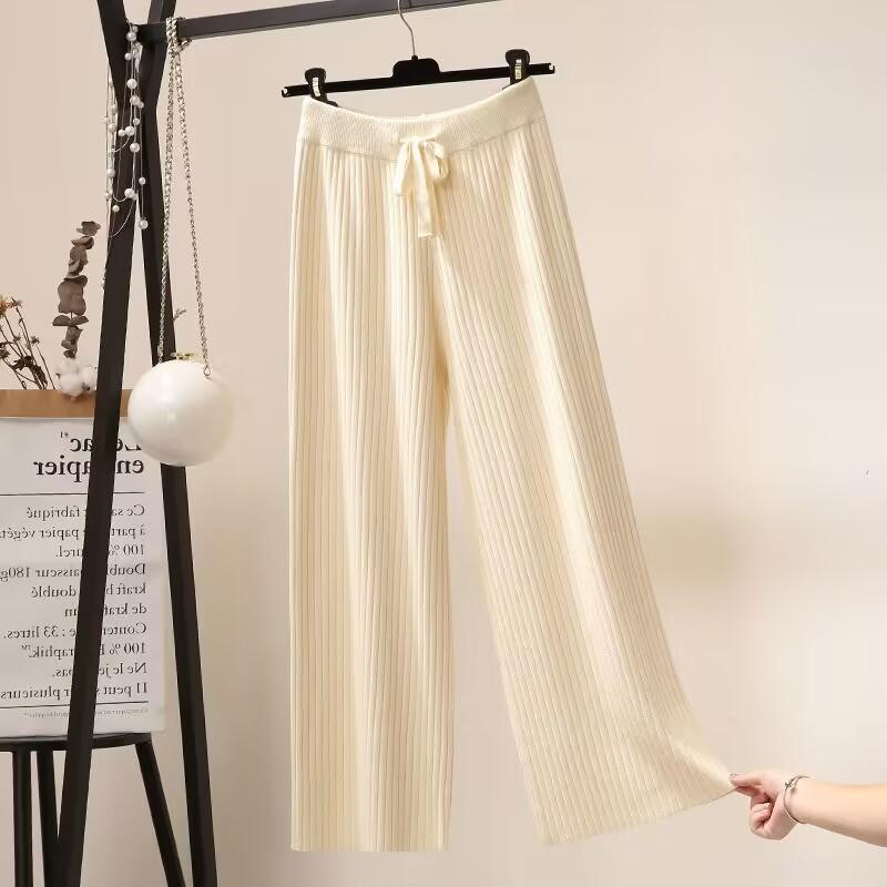 Women Spring Autumn Knitted Wide Leg Pants Solid Long Trousers Elastic Waist Sweatpants