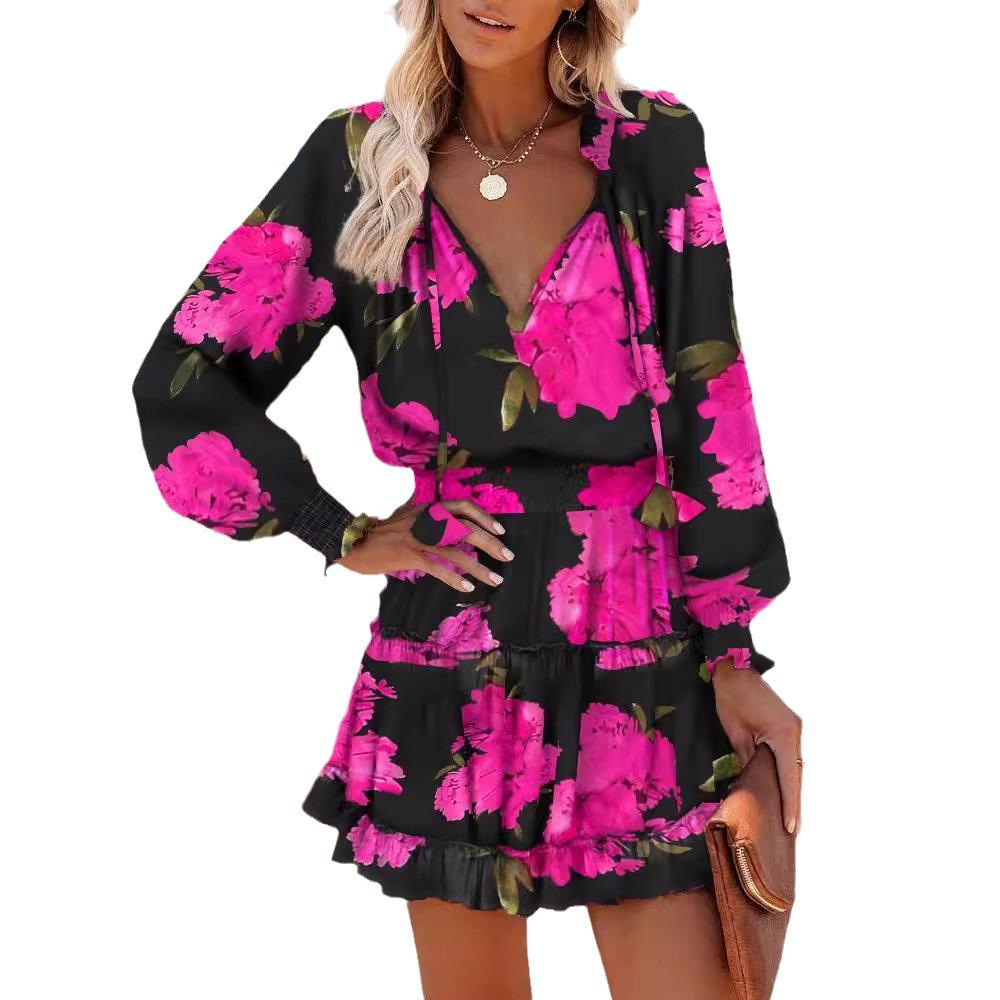Trendy Women's Print V-Neck Waist-Cinching Dress with Long Sleeves