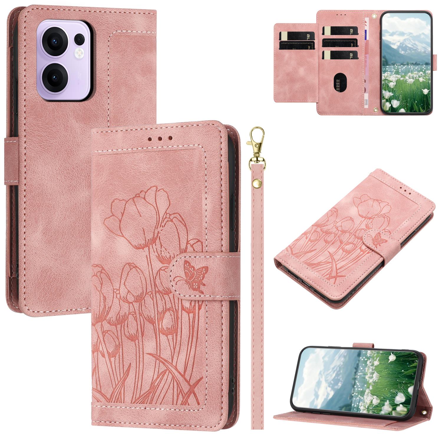 

For Oppo Reno13 F 5G/4G Case Tulip Leather Phone Cover with 5 Card Slots Wallet Pink