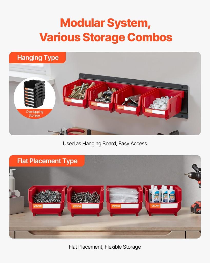 Wall Mounted Storage Bins, 12 Plastic Bins & 3 Metal Rails, Plastic Hanging Stackable Storage Bin for Screws, Nuts, Bolts, Nails, Hardware Tool