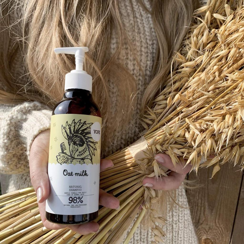 YOPE Natural for all hair with a sweet and gentle oat milk and ECOCERT Shampoo, 300ml, types, scent, certified.