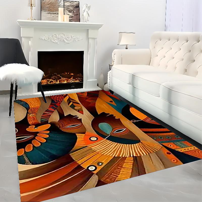 Large African Tribal Area Mat Non Slip Plush Bottom Backing Machine Washable Living Room Bedroom Office Bold Orange Blue Brown