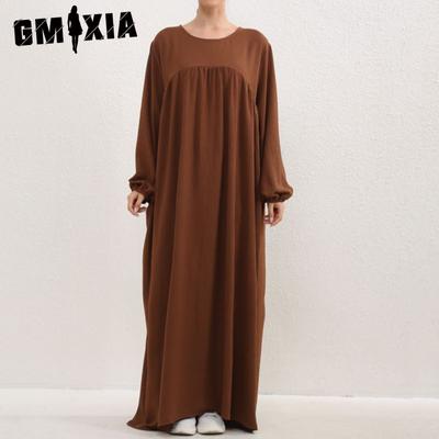 Women's Fashion Summer Spring Solid Color Print Long Sleeve O-Neck High Waist Casual Dresses