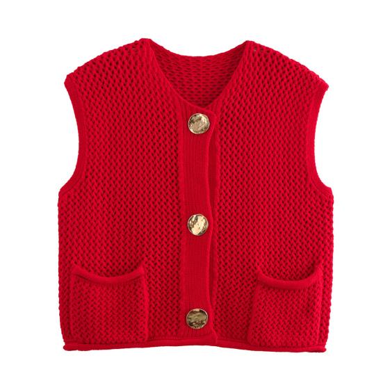 Women Knitting Vest V-Neck Sleeveless Single-Breasted Pocketed Knitting Waistcoat Versatile Solid Color Knitwear