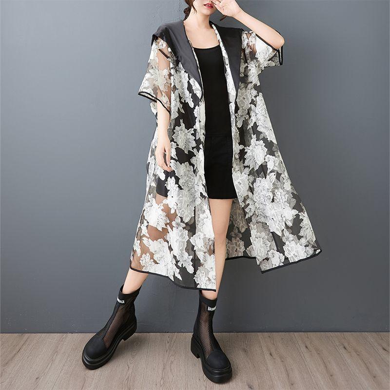 

2025 Лето Новинка Западный стиль Мода Солнцезащитная одежда Универсальный Корейский стиль Капюшон Сетка Халат кардиган Тренч Верхняя одежда White All yards