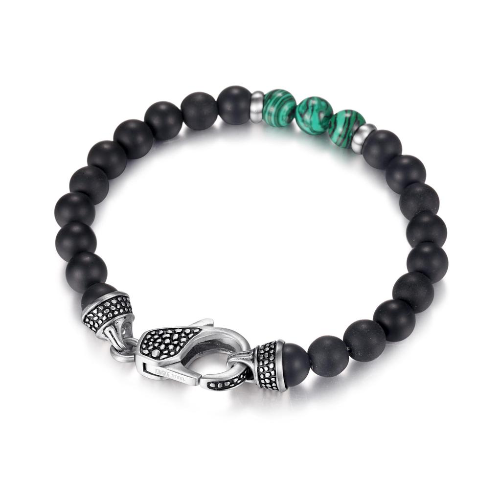 MATT STONE BRACELET  8mm matt onyx stone bead bracelet with reptile design lobster lock, green malachit stones