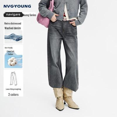 NVG·YOUNG Women's Vintage Wash Straight-Leg Cotton Jeans