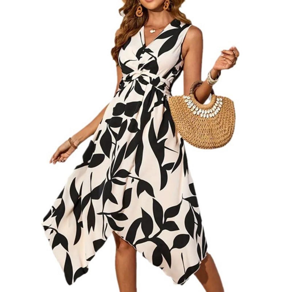 2025 Women's Summer Sleeveless Long Dress Leaf Print Knot Irregular Design Fashion Mid-Calf Length Casual Party Dress