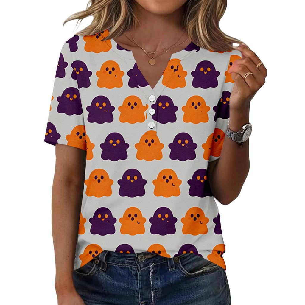 Women's Casual Halloween Print V Neck Short Sleeve Button Front T Shirt Top for Everyday Wear and Seasonal Events