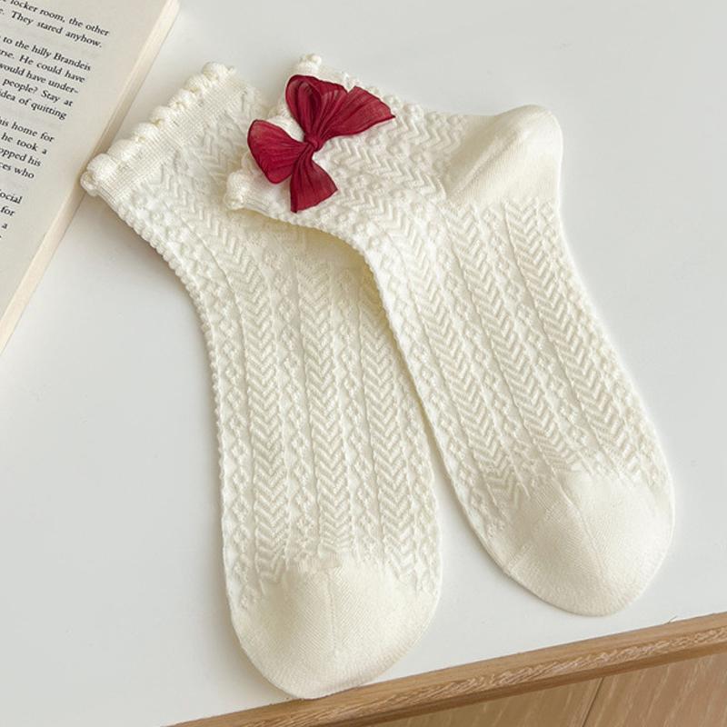 Milky White Bow Lace Socks Women Cute Lolita Japanese Jk Lace Socks Lolita Sweat-Absorbent Mid-Tube Socks