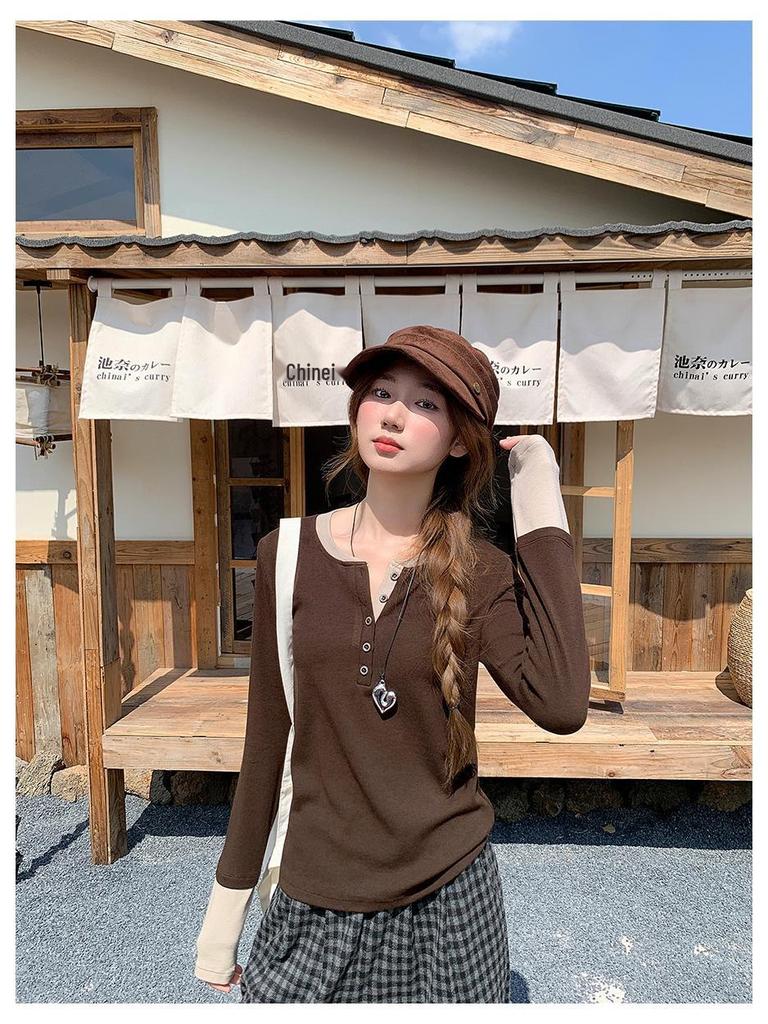 Women's Brushed Half-Button Solid Color Layered Long Sleeve Top - Autumn/Winter Korean Style