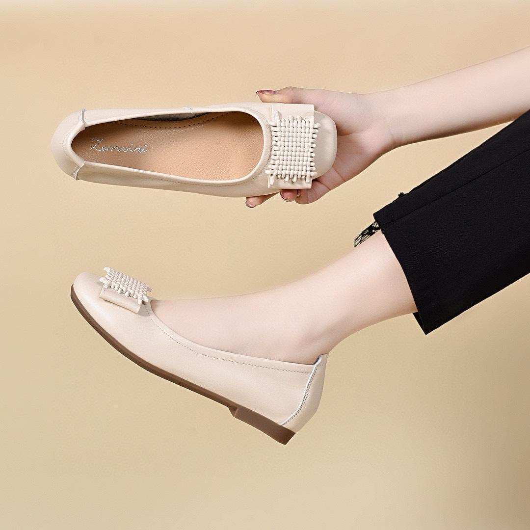 

Женские туфли-лодочки на плоской подошве из коровьей кожи первого слоя, новые весенне-летние, удобные, ленивые туфли с круглым носком 40 бежевый