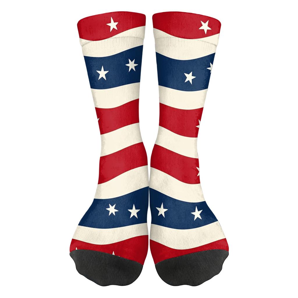 Women Breathable Comfortable Crew Socks Mid Calf Socks with Independence Day Themed Print Soft Stretchy Material for Daily Wear