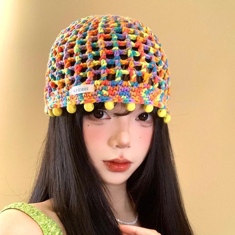 Color Dopamine Beaded Hollow Knitted Hat Female Summer Autumn Hyunya Wind Breathable Face Small Bag Head Hat