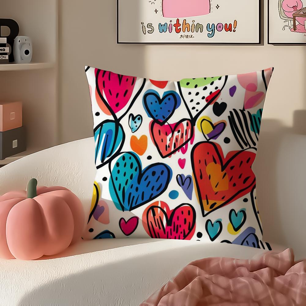 Sweet Graphic Element Lovely Heart Cushion Cover Pillowcase Short Plush Invisible Zipper Room Sofa Cushion Cover