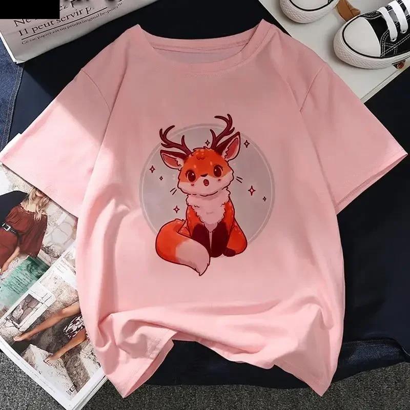 Kawaii Fox Print Ladies Tshirt Ladies Casual Basis Ocollar White T Shirt Short Sleeve Ladies Tshirt Cute Animal Graphics Tops