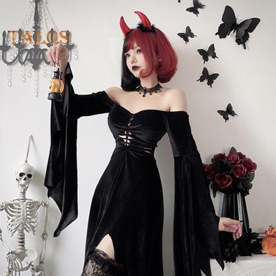 1 Set Women Cosplay Dress with Necklace Headband And Stockings Gothic Style Witch Halloween Party Costume Hollow Out Collarless Long Bat Sleeves