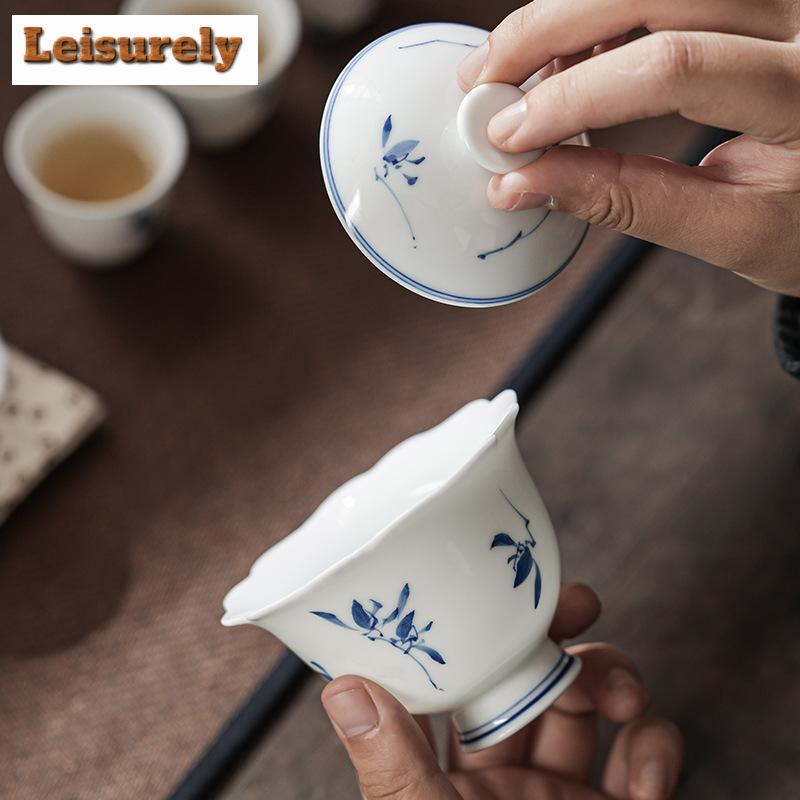 100ml Hand-painted Butterfly Orchid Gaiwan Luxury Petal High Foot Tea Tureen Tea Maker Cover Bowl Chinese Kung Fu Tea Supplies