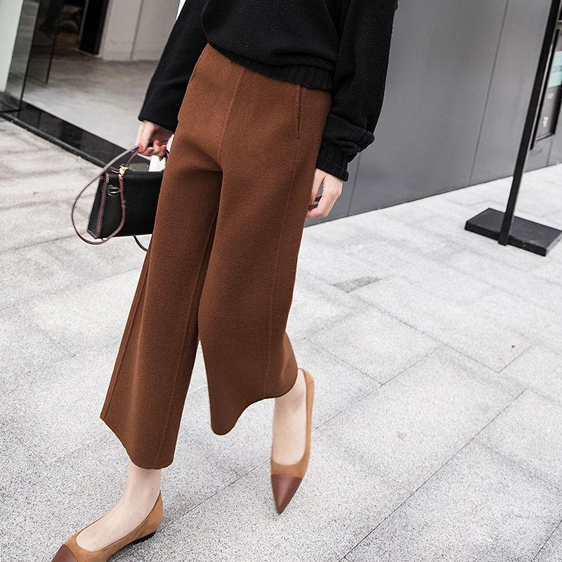 Women's Wool Wide-Leg Nine-Point Pants - Autumn/Winter, Loose, Slimming, Korean Style.