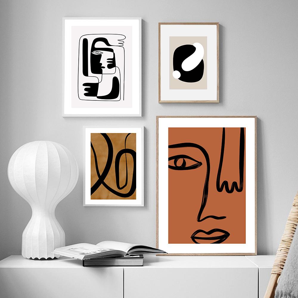 Abstrakte Linie Gesicht Galerie Kunst Poster Beige Schwarz Leinwand Malerei Trendy Boho Bilder Zimmer Wand Dekor Innen Wohndekoration