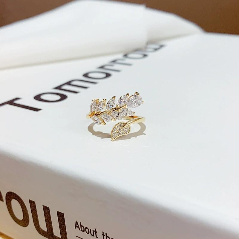 Trendy Leaves Shape Open Rings For Women Gold Silver Color Crystal Copper Ring Female Korean Daily Wear Jewelry Gift