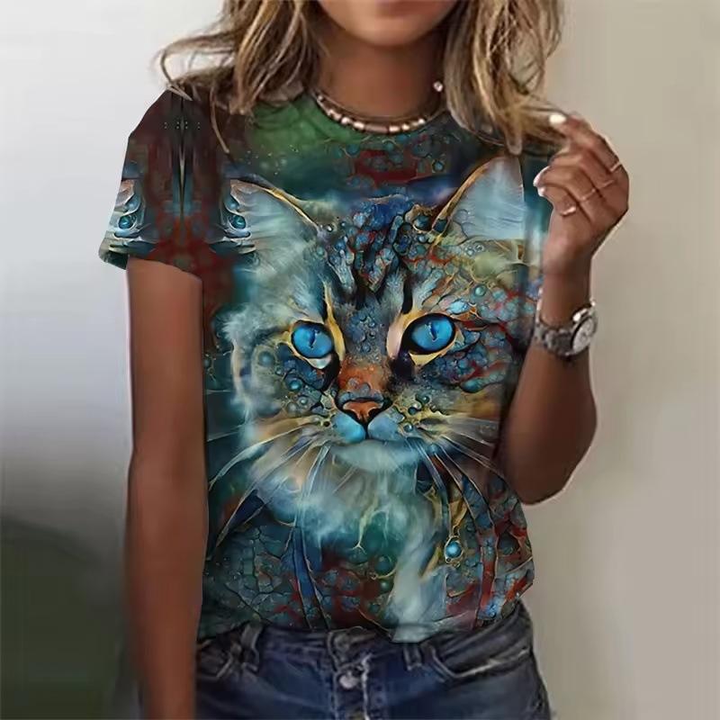 Summer Round Neck 3D Cat Pattern Print Top Fashionable Casual Short Sleeved Women's T-shirts