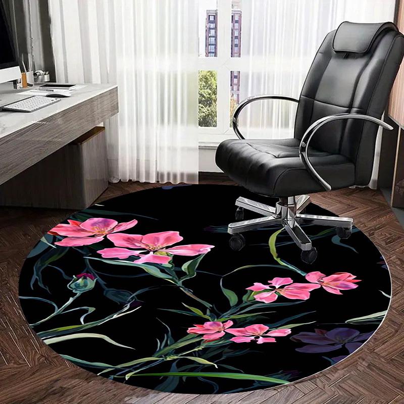 1pc Office Carpet Chair Mats Pink Flowers On Black Background Perfect for Decorating Office Chairss, Or Bedrooms.YDT495