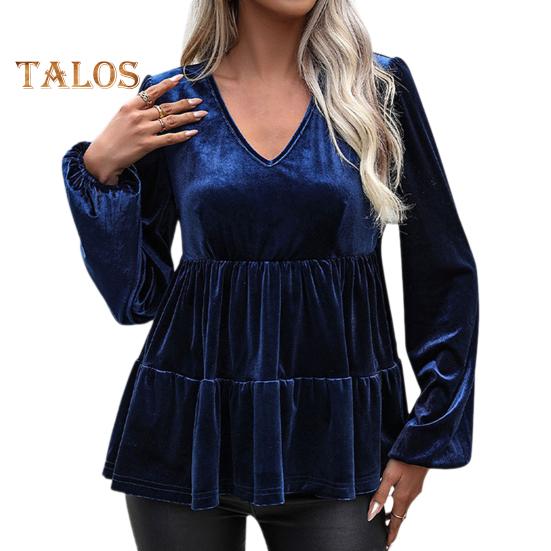 

Женские топы с V-образным вырезом, длинным рукавом, однотонный пуловер, свободный покрой, отделка рюшами, бархатная рубашка S темно-синий