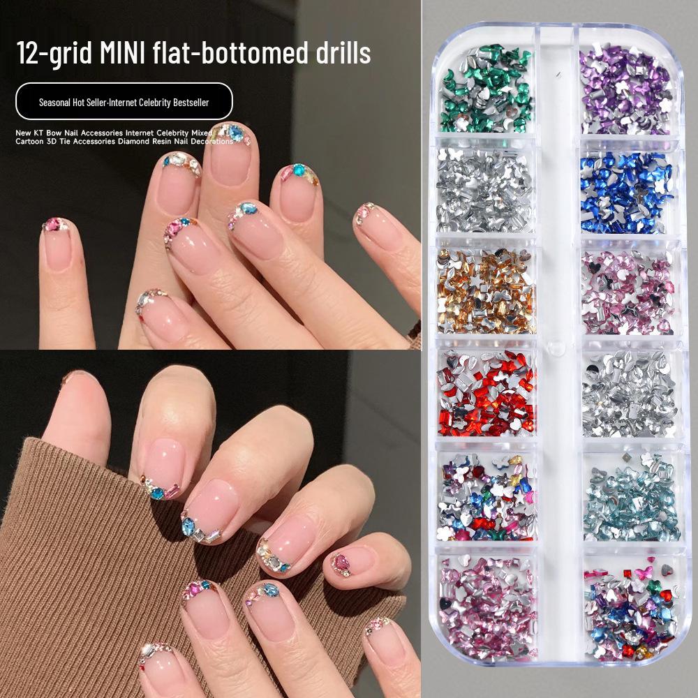 12-Grid Mini Nail Art Rhinestones, Colorful Irregular Champagne Crystals, Super Flash Flatback Nail Accessories.