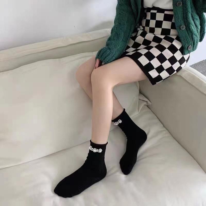 Pearls Crew Socks Sweet Roll Cuffs Ankle Dress Socks Japanese Cute Calf Socks