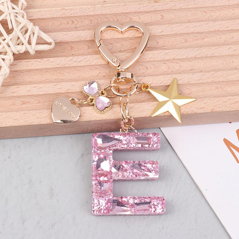 Cute  Bling Keychain A To Z Initial Letter Love Heart Star Pink For Women Girls Bag Cup Pendant Key Chain Accessories