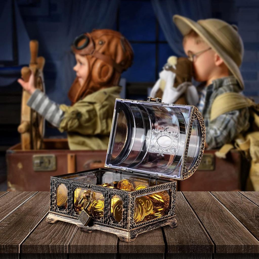 DIFEIUKI Pirate Treasure Chest Toy Box with Lock, Retro Antique Style, Pirate Treasure Box, Jewelry Box, Trinket Box, Gold Coins, Hidden Treasure,