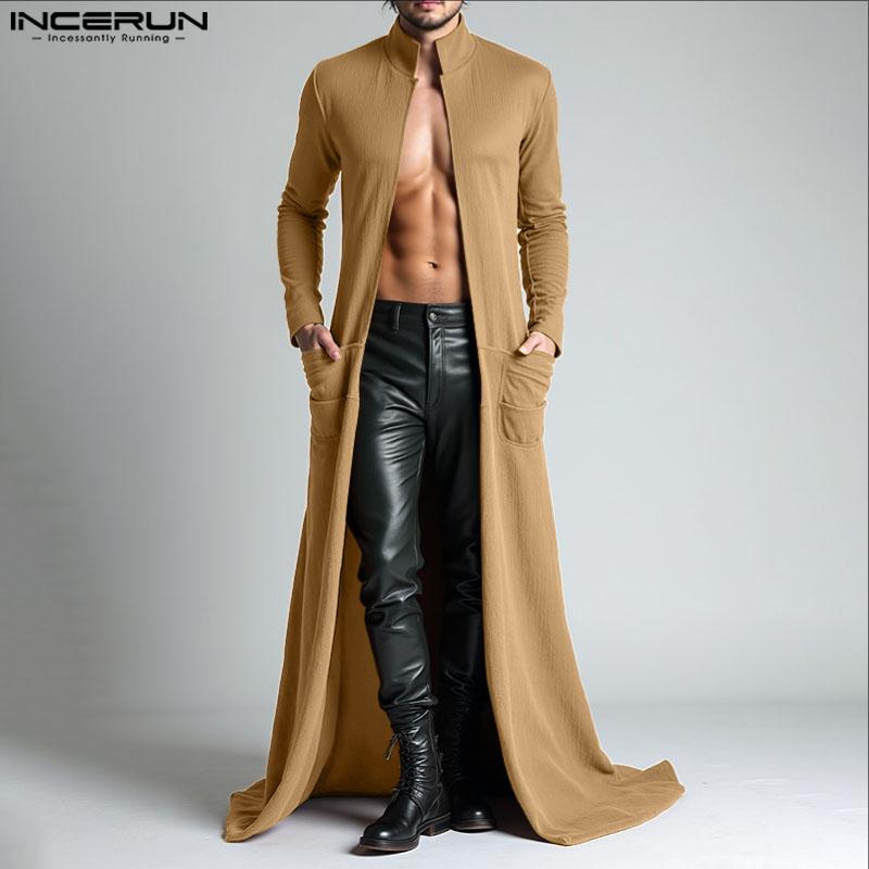INCERUN Pánský podzimní kardigan s dlouhým rukávem, otevřený vpředu, dlouhý, maxi větrovka s kapsami