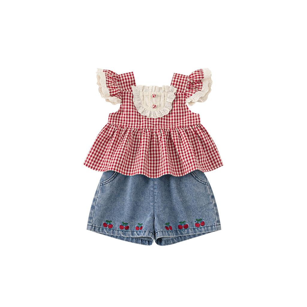 

Girl Summer Cotton Short Sleeve Gingham Dress Set For Kids Ages 3 To 8 90CM