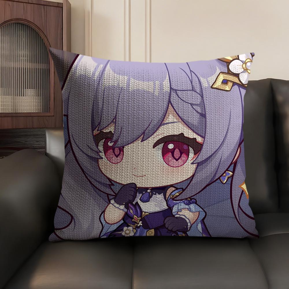 Keqing Cute Genshin Impact Cushion Cover Natural Linen Organic Fabric DoubleSided Printing Sofa Home Decor Gift Pillow Case
