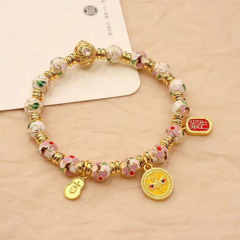 White Jingtai Blue & Yellow Enamel God of Wealth Bracelet with Gold Leaf